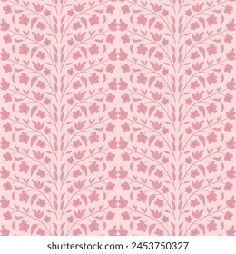 Flowers pink seamless pattern. Wildflowers endless background. Summer monochrome repeat cover. Botanic loop ornament. Vector flat hand drawn illustration.