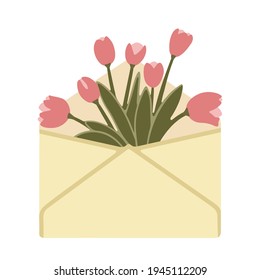 Flowers, pink tulips in an envelope. Vector illustration. Isolated element on a white background. It can be used for a greeting card, congratulations to mom or girlfriend, on Valentines Day, love.