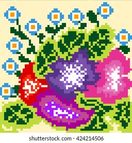 Flowers of the pixels on a light background
