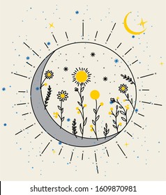 Flowers planet the sun and the moon graphic art for print