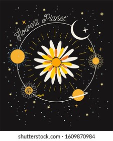 Flowers planet the sun and the moon graphic art for print