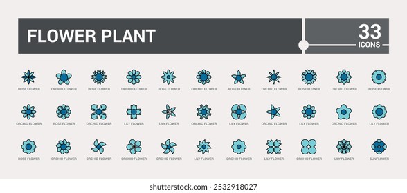 Flowers plant line colorful icons set. Collection of Blooming plants - rose, sunflower, dandelion, tulip, daisy bouquet and more. Editable line and filled color icon pack. Pixel perfect.