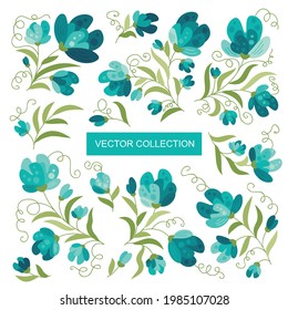 Flores, planta - set, colección. Ánimo de primavera. Ánimo de verano. 
Colección vectorial de flores de verano de estilo plano 