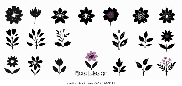 Flowers and plant set design. Black and white symbol, purple details. Elegant symbols, icon and logo idea.