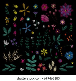 Flowers plant. Traditional folk stylish stylish floral embroidery on the black background. Sketch for printing on fabric, clothing, bag, accessories and design. Vector, trend