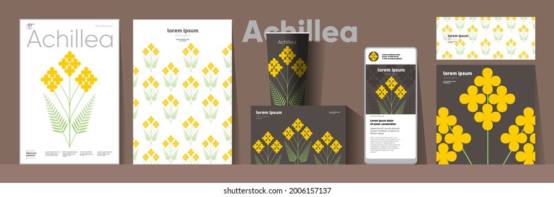 Flowers and plants. Achillea. Corporate identity. Set of vector illustrations. Floral background pattern. Design of cup, poster, banner, packaging, price tag and cover.