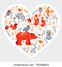 Flowers, plants, animals and birds. Composition in the shape of a heart. Design t-shirts, stickers, tags, labels, logo.