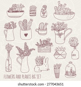 Flowers and plants big set in vector. Vintage background with sweet flowers, lovely plants and cute rabbit