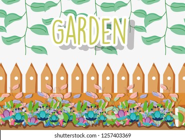 flowers plants with branches leaves and wood grillage