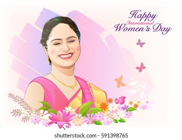Flowers, plants, butterflies and a lovely smiling lady.  Vector illustration.