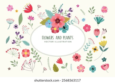 Flowers and plants card drawing clipart. Spring flower frame clip art with colorful, multicolored and watercolor for wallpaper and greeting card background. Vector illustration floral invitation card.