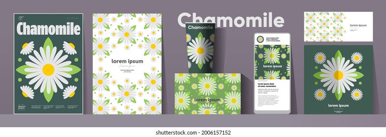 Flowers and plants. Chamomile. Corporate identity. Set of vector illustrations. Floral background pattern. Design of cup, poster, banner, packaging, price tag and cover.