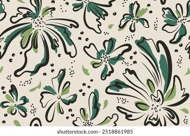 Flowers and plants drawn with black and colored green olive ink. Simple line art illustration. Seamless pattern with abstract floral print. Creative artistic texture for fabric, packaging, textile