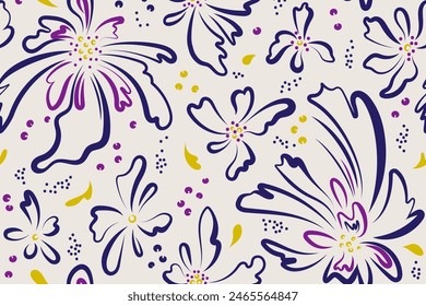 Flowers and plants are drawn with colored ink. Simple line art illustration. Seamless pattern with abstract floral print. Creative artistic texture for fabric, packaging, textiles, wallpaper, clothing