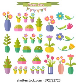 Flowers and plants in flat stile. Vector. Flower shop icons. Pastel colors. Bouquet, vase with flowers, bird, envelope. Vector set in flat style.