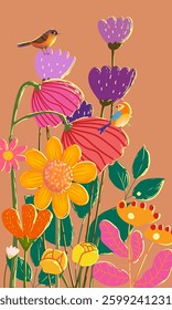 Flowers, plants, floral and birds hand drawing line art vector illustration background, engraving line botanical design for banner, artprint, poster, cards, cover.