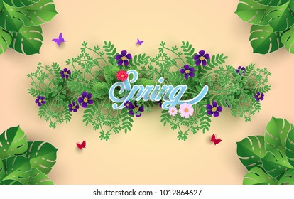 flowers, plants and flying butterflies with paper art design. beautiful spring.