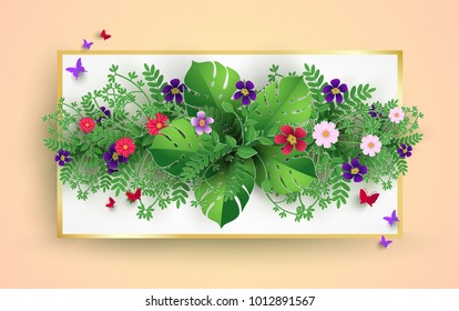 flowers, plants and flying butterflies with paper art design. beautiful spring.