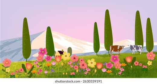 Flowers and plants, grass, meadow blooming wildflowers field blossom landscape vector. Summer, spring panorama.