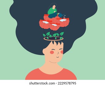 Flowers and plants grow from woman’s head. Mother watering her daughter's head. Psychology, education, psychotherapy and mental health wellbeing concept. Vector illustration