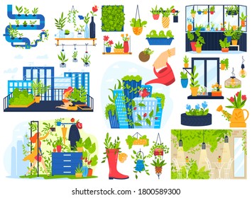 Flowers plants grow in house balcony garden vector illustration set. Cartoon flat urban home gardening collection with green decorative houseplants in pots, hand watering and planting potted greenery