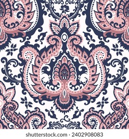 Flowers and plants with leaves and branches. Patchwork floral design with damask technique. Paisley motif with leafage and petals. Seamless pattern, wallpaper or background print. Vector in flat style