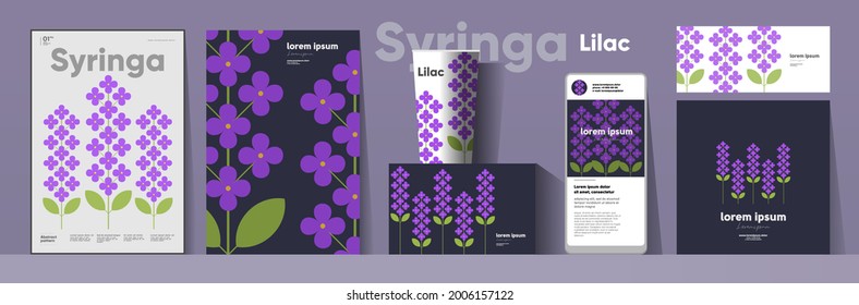 Flowers and plants. Lilac, syringa. Corporate identity. Set of vector illustrations. Floral background pattern. Design of cup, poster, banner, packaging, price tag and cover.