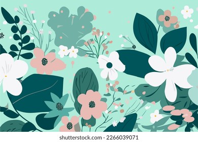 Flores y plantas sobre fondo verde de menta, vector plano