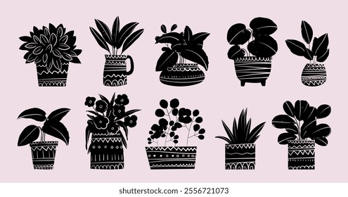 Flowers, plants on pot, vases hand drawn vector illustration element. Houseplants collection isolated on white background.