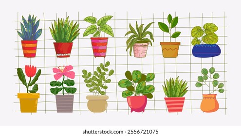 Flowers, plants on pot, vases hand drawn vector illustration element. Houseplants collection isolated on white background.