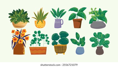 Flowers, plants on pot, vases hand drawn vector illustration element. Houseplants collection isolated on white background.