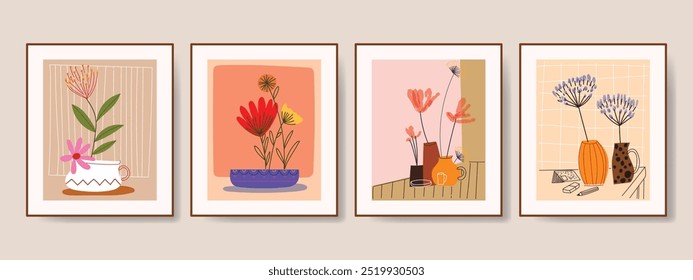 Flowers and plants on pots, vases hand drawn vector illustration. Floral, greenery trendy design for card, print, poster, wall art and background.