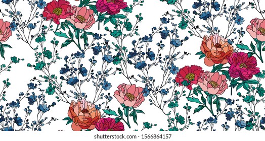 Flowers and plants on white background. Seamless pattern in provence style. Vector illustration