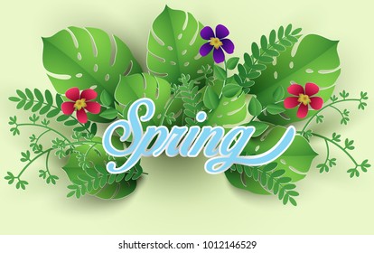 flowers and plants with paper art design. beautiful spring. There is writing with paper art design