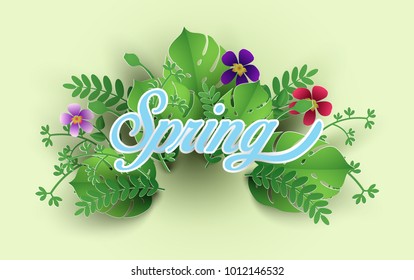 flowers and plants with paper art design. beautiful spring. There is writing with paper art design