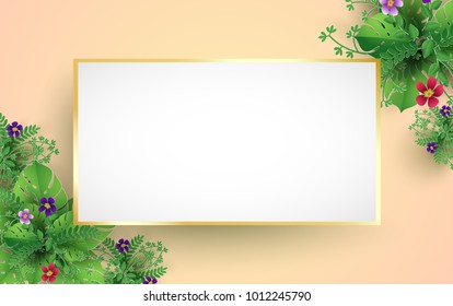 flowers and plants with paper art design. beautiful spring. there is a board with an elegant gold frame.