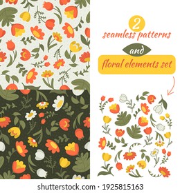 Flowers and plants patterns set collection on white and dark. Orange and yellow flowers with different green leaves. Hand drawn decorative stylized herbals. Botanical elements. Textile design.