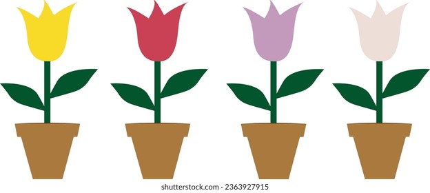 Flowers plants in pot simple flat vector illustration tulips cute cartoon