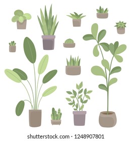 Flowers and plants in pots isolated on white - set with flowerpots for eco-friendly and organic concept in flat vector illustration used for magazine, book, poster, card, web pages.