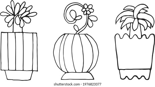 Flowers, Plants and Pots vector clip art. Set of three icons.