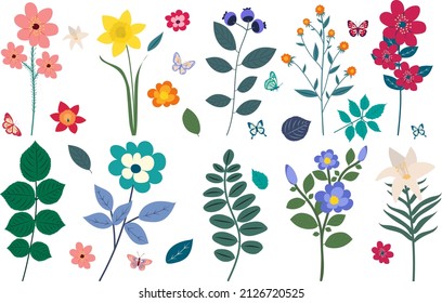 flowers, plants set flat design , cartoon isolated vector