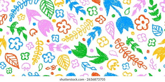 Flores y plantas, conjunto de dibujados a mano lápiz de carbón de colores doodle en estilo infantil. Vector sin patrón, Anuncio, fondo
