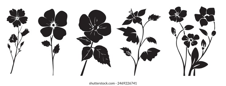 Flores, plantas, silueta de conjunto aislado. Colección de varias flores, hibisco, orquídea, margarita, diente de león, brezo, rosa, croco, gráfico de Vector negro. Conjunto de silueta de flores silvestres.