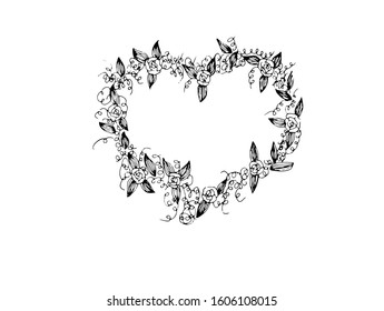 
Flowers, plants in the shape of a heart, for Valentine's day, vector, black and white sketch