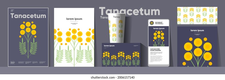 Flowers and plants. Tanacetum. Corporate identity. Set of vector illustrations. Floral background pattern. Design of cup, poster, banner, packaging, price tag and cover.