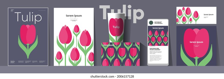 Flowers and plants. Tulip. Corporate identity. Set of vector illustrations. Floral background pattern. Design of cup, poster, banner, packaging, price tag and cover.