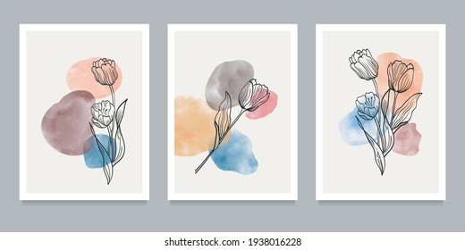 flowers and plants wall art on set. creative minimalist hand painted. Abstract geometric elements. with different shapes for art print, cover, wallpaper. Vector illustration