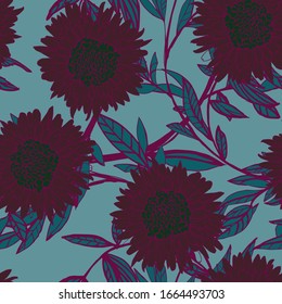 Flowers of plum violet chrysanthemums and gerberas with leaves and petals on a dark turquoise blue background. Seamless pattern. Vector illustration with hand drawn plants.