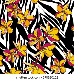 Flowers plumeria seamless pattern on a zebra ornament. Tropical floral vector hand drawn.