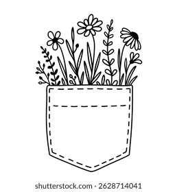 Flowers in pocket, floral pattern with flowers, daisy, wildflowers, wild herbs, branches with leaves silhouettes
